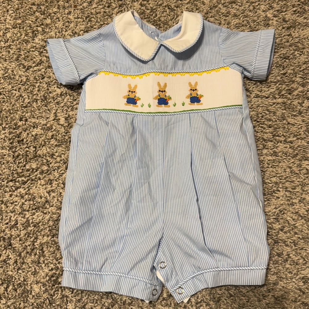 Remember Nguyen smocked Easter romper with bunnies